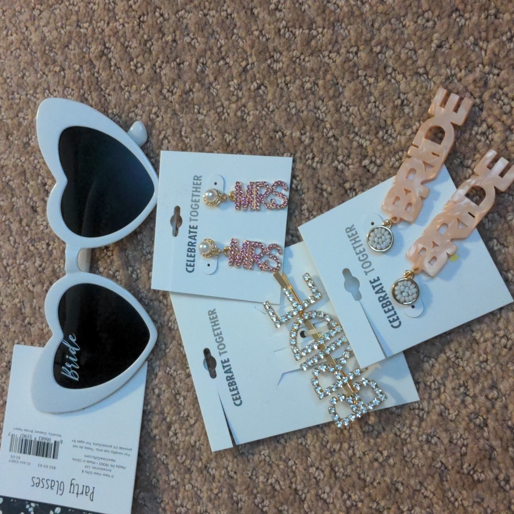 Bride Bundle NWT Hair Pin, Bride Sunglasses, Mrs. and Bride Earrings